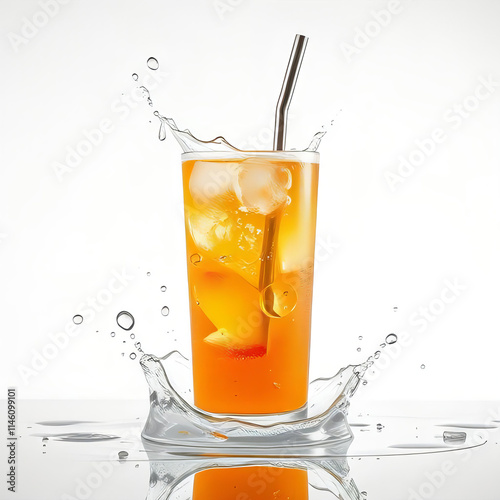 Splashing Iced Orange Drink in Tall Glass with Metal Straw and Ice Cubes, Perfect for Beverage Promotions, Summer Refreshment Ads, Cafe Menus, or Food and Drink Blogs