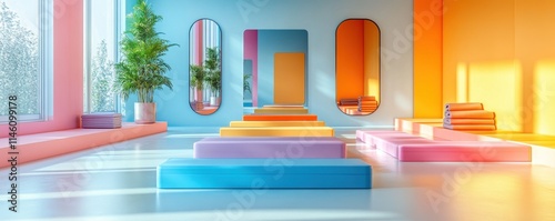 Geometric Pink-Blue Furniture, Minimalistic Interior Design with Mirrors, Natural Light, Contemporary Style - Conceptual Rendering/Photograph for Design or Architecture