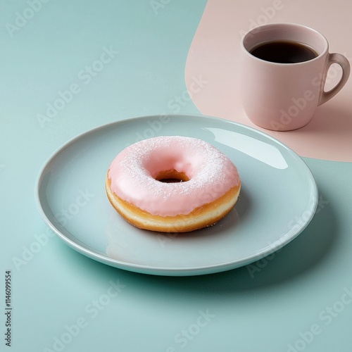 A pink donut placed on a pastel plate with a cup of coffee. photo