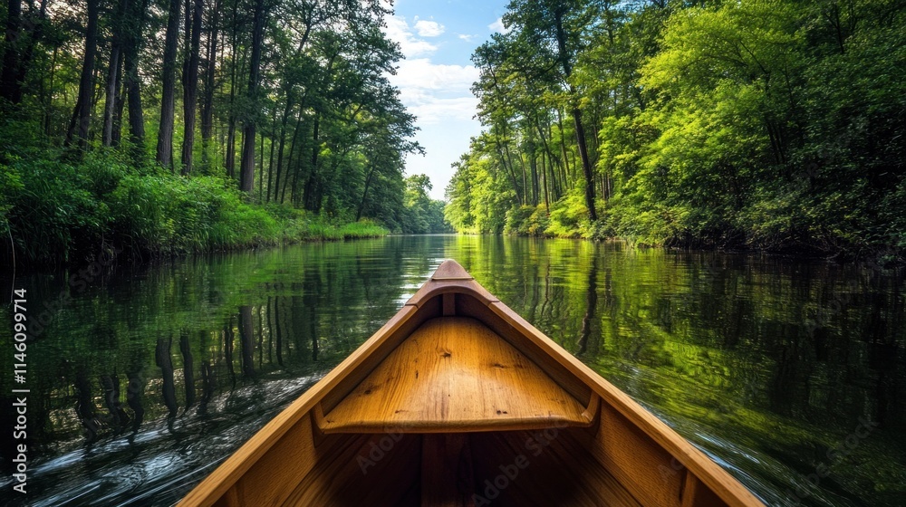 Obraz premium Serene Canoe Ride Through Lush Forest Canal