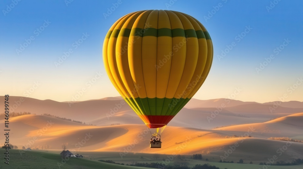 Fototapeta premium Scenic Hot Air Balloon Floating Over Rolling Hills at Golden Hour