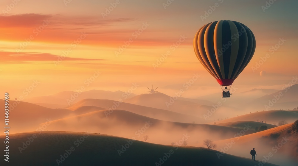 Dreamlike Hot Air Balloon Floats Over Scenic Foggy Countryside Dreamlike Hot Air Balloon Floats Over Scenic Foggy Countryside