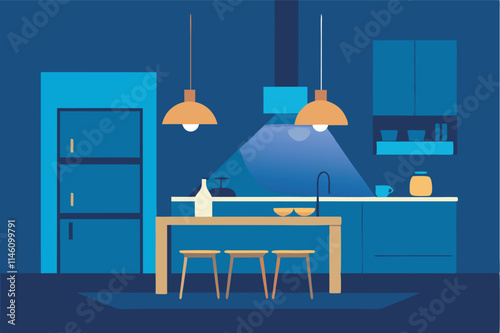 The modern kitchen image showcases a tidy interior with appliances, utensils, and a dining table. Blue and orange décor adds to the bright, organized ambiance.