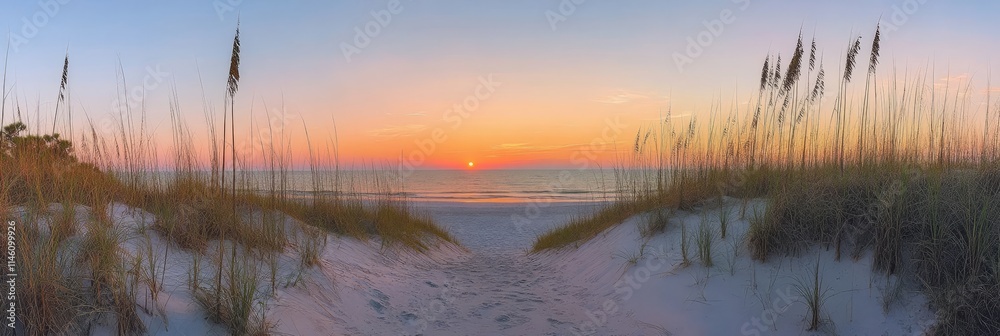 Obraz premium Sunset over beach path through dunes. (1)