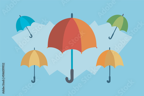 Computer-generated drawing of colorful umbrellas on a blue background exudes warmth and positivity within a dark brown frame.