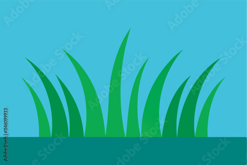 Stylized grass icon on blue background with black outlines, varying blade heights. Background lightens towards center for depth effect in brown frame.