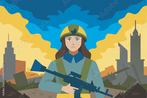 A serious female soldier in a green and yellow uniform with a helmet and firearm stands in a war-torn city, evoking a tense and dramatic vibe.