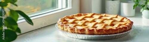 A freshly baked apple pie with a golden lattice crust cooling on a windowsill. photo