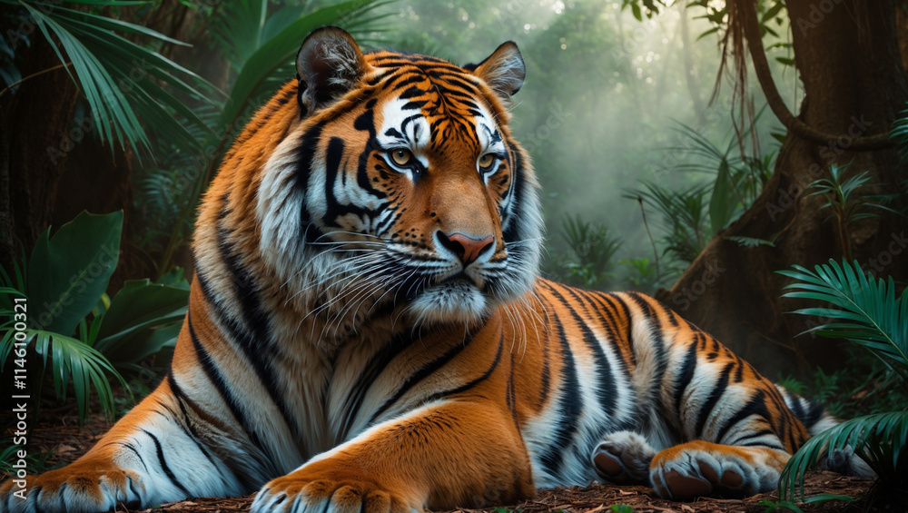 Fototapeta premium Explore stunning tiger images: majestic wild tigers, Bengal tigers, and fierce tiger portraits. Perfect for presentations, creative designs, and wildlife projects.
