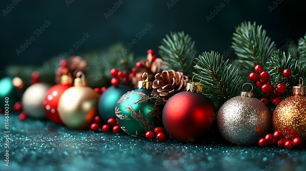 Naklejka premium Sparkling Christmas Ornaments with Pine & Berries