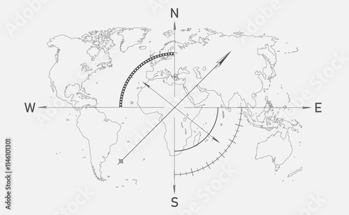 Compass on the map of the world continents. Vector illustration. Sketch for creativity.