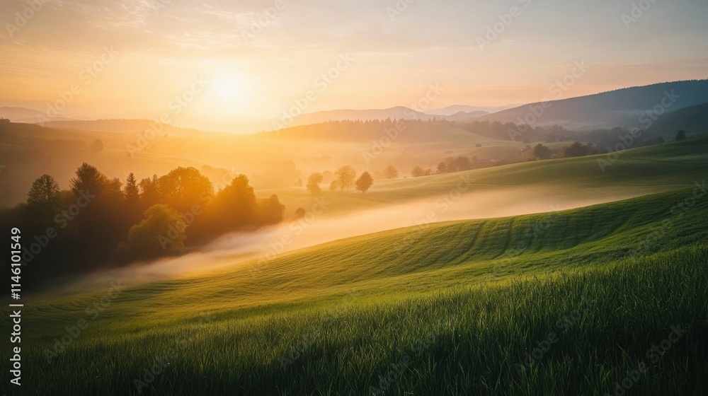 rolling hills covered in mist at sunrise, golden light filtering through, serene landscape, lush green fields, layers of fog creating a mystical atmosphere, tranquil countryside scene rolling hills covered in mist at sunrise, golden light filtering through, serene landscape, lush green fields, layers of fog creating a mystical atmosphere, tranquil countryside scene