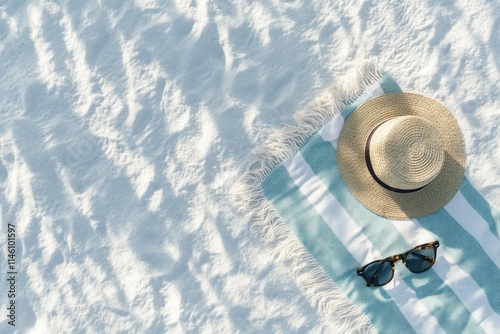 Summer Beach Relaxation: Hat, Sunglasses, and Towel on Sandy Shore