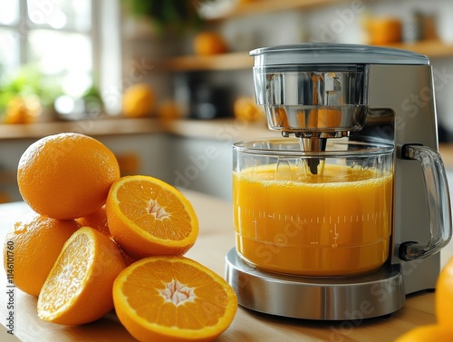 Fresh Orange Juice Blender Scene, Transparent Pitcher with Orange Slice and Mint Garnish, on Kitchen Counter for Healthy Beverage Advertisement