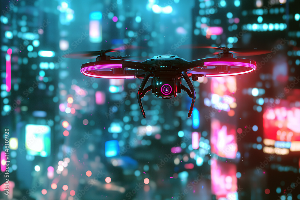 A autonomous delivery drone hovering over a futuristic building, vibrant artistic bokeh background A autonomous delivery drone hovering over a futuristic building, vibrant artistic bokeh background