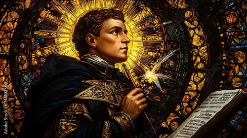 A luminous stained-glass scene of Saint Thomas Aquinas, with a quill and sunburst halo glowing in golden and navy hues, intricate geometric and sacred patterns surrounding him,