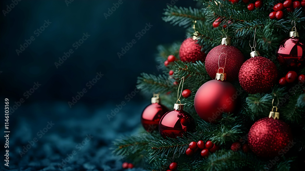 Red Ornaments Adorn Festive Tree Branches Red Ornaments Adorn Festive Tree Branches
