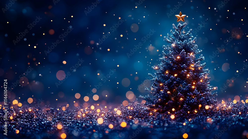 Naklejka premium Winter's Night: Sparkling Tree Lights Gleam Brightly