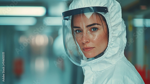 Woman in Protective Gear  Face Shield  Lab Coat  Serious Expression photo