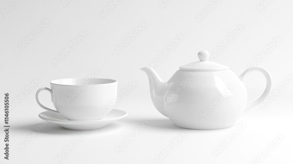 Elegant White Teapot and Cup Set on Simple Background Elegant White Teapot and Cup Set on Simple Background
