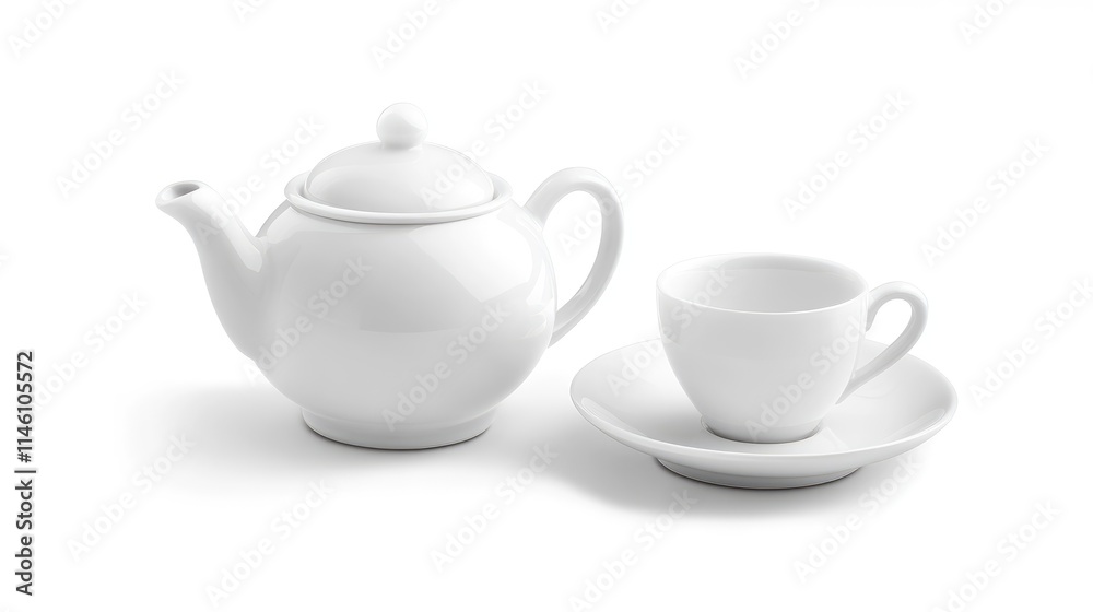 Elegant White Teapot and Cup Set on Clean Background Elegant White Teapot and Cup Set on Clean Background