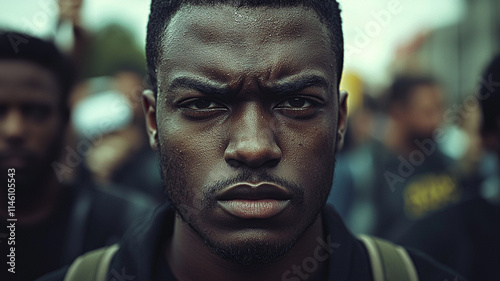 Intense Close up Portrait of a Young Black Man at a Protest