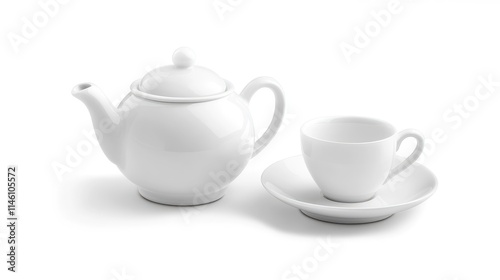 Elegant White Teapot and Cup Set on Clean Background