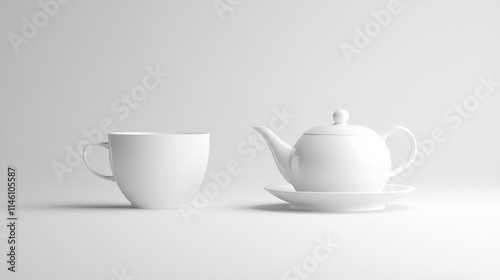 White Minimalist Tea Cup and Teapot on Clean White Background