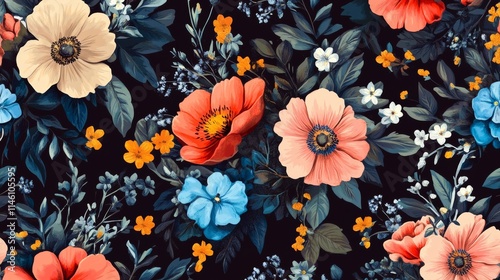Unusual Floral summer seamless pattern. flowers on a black background. Template for fabrics, textiles, paper, wallpaper, interior decoration. Vintage