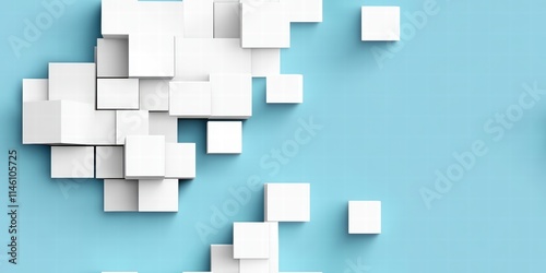 Abstract Composition of White Cubes on a Blue Background with Random Arrangements and Shifted Perspectives for Modern Design Concepts