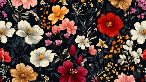 Unusual Floral summer seamless pattern. flowers on a black background. Template for fabrics, textiles, paper, wallpaper, interior decoration. Vintage