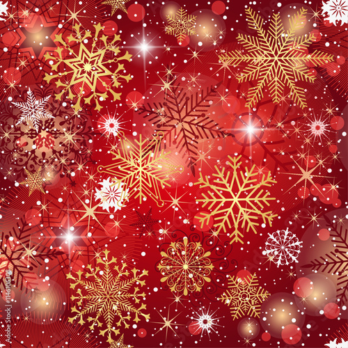 Vector Christmas hand drawn seamless pattern with doodle golden gradient snowflakes and glitter star of bethlehem on red