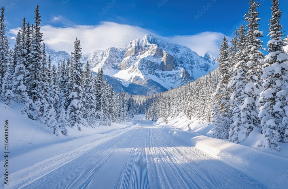 Fototapeta premium Winter Wonderland Landscape Featuring a Snow-Covered Road with Majestic Mountain Peaks and Lush Evergreen Trees Under a Clear Blue Sky