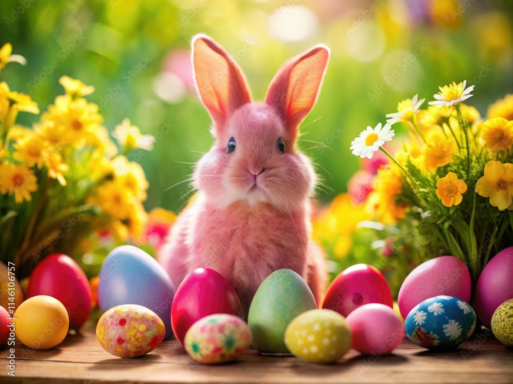 Fototapeta premium Pastel eggs and a fluffy pink bunny create a charming spring photo, perfectly balanced using the rule of thirds.