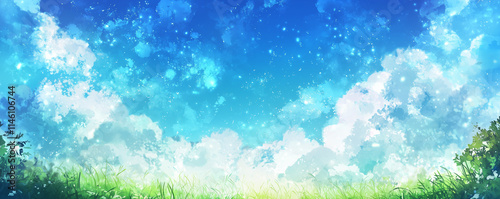  text space. Bright, saturated, sunny colors blue, green and white. 