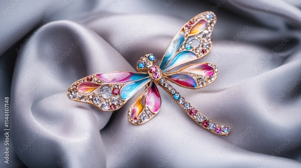 Beautiful colorful dragonfly brooch on soft silk fabric background Beautiful colorful dragonfly brooch on soft silk fabric background