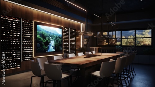 Modern Wine Cellar Dining Room with Elegant Lighting and Scenic Window View