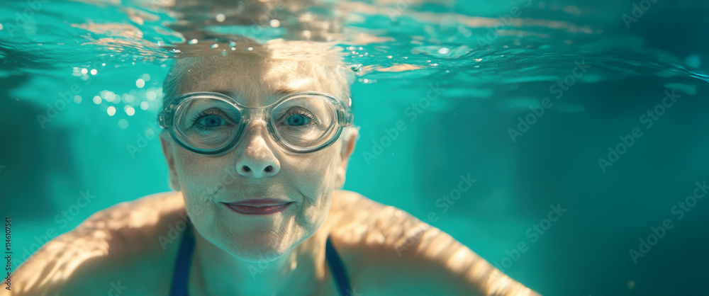 Fototapeta premium Senior woman swimming underwater in turquoise water with goggles