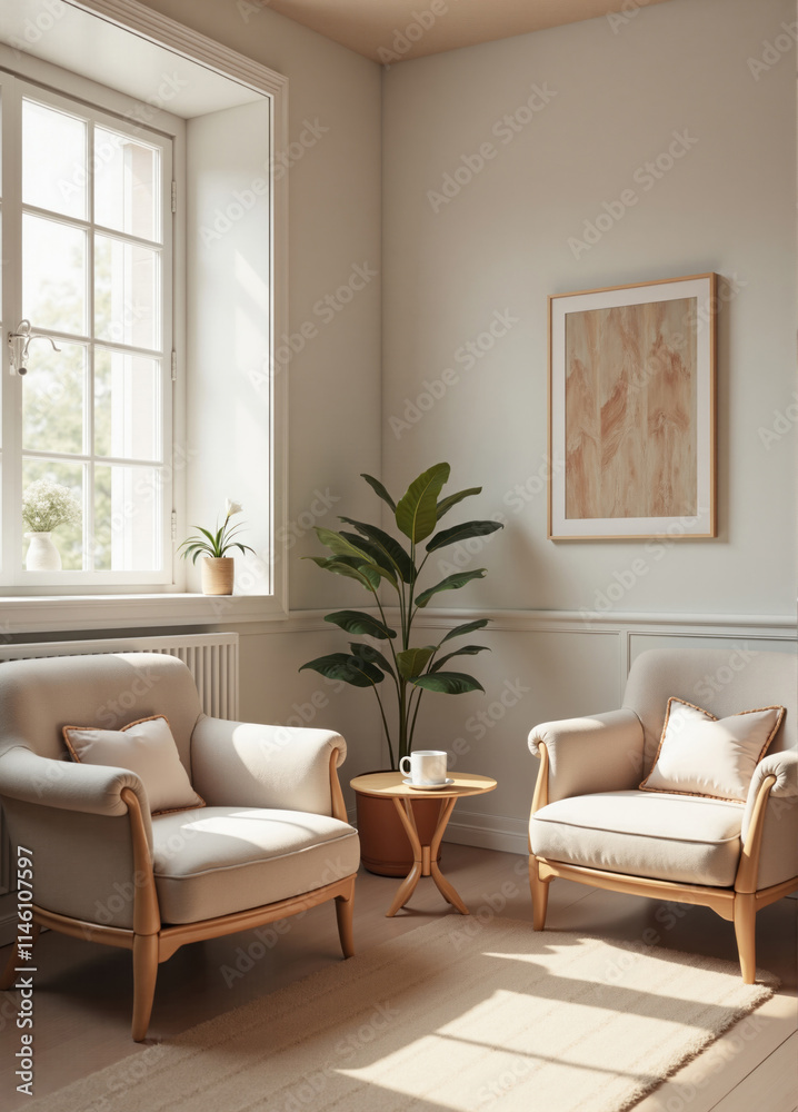 Modern and minimalist interior design with two armchairs facing each other Modern and minimalist interior design with two armchairs facing each other