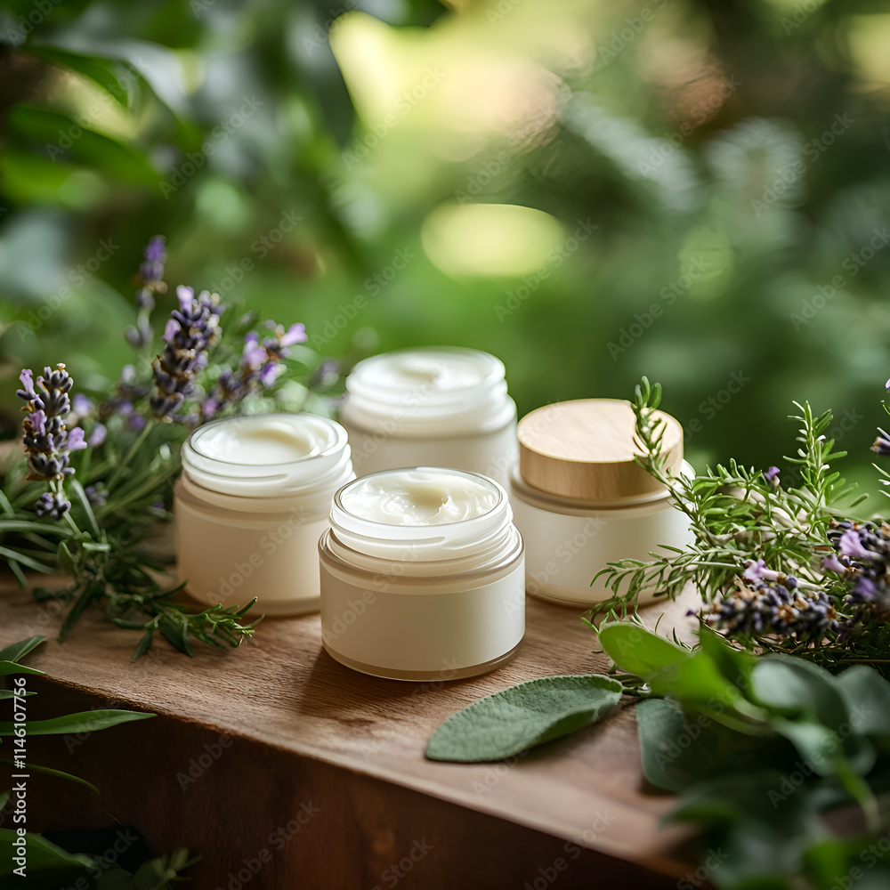 Jars of natural cosmetic creams sit on a textured surface, accompanied by lavender and green leaves, highlighting eco-conscious beauty products Jars of natural cosmetic creams sit on a textured surface, accompanied by lavender and green leaves, highlighting eco-conscious beauty products