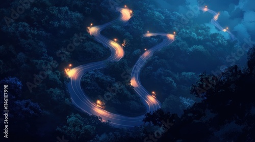 Night Drive Through Winding Mountain Road, Serene Landscape, Dark Forest, Illuminated Path, Nighttime Journey, Breathtaking View, Scenic Route, Winding Road at Night,  Starlit Sky, Tranquil Atmosphere photo