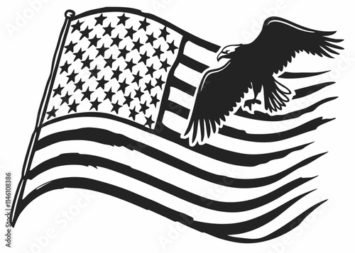 Patriotic Soldier Raising American Flag - Black and White Tribute Illustration