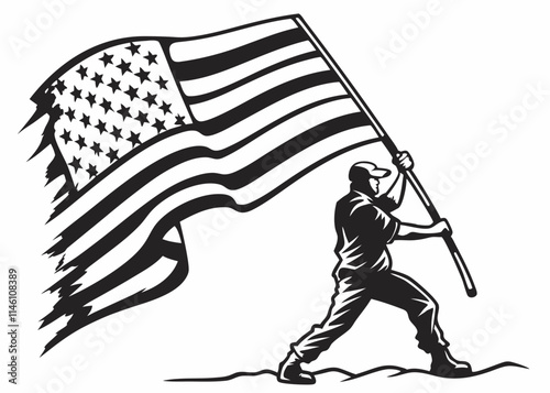 Patriotic Soldier Raising American Flag - Black and White Tribute Illustration