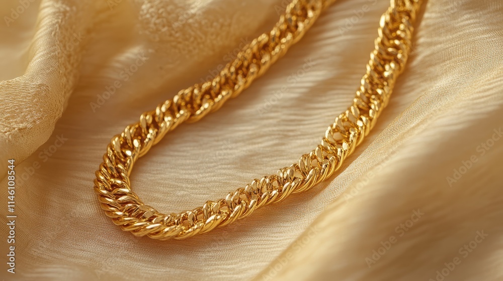 Elegant Gold Chain Necklace on Soft Silk Fabric Background Elegant Gold Chain Necklace on Soft Silk Fabric Background