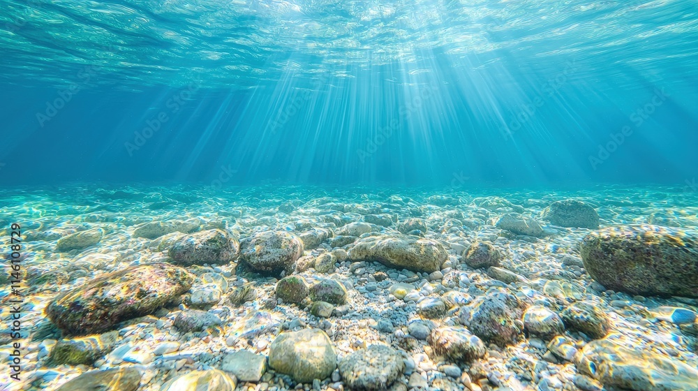 Fototapeta premium Sunbeams illuminate a rocky seabed underwater.
