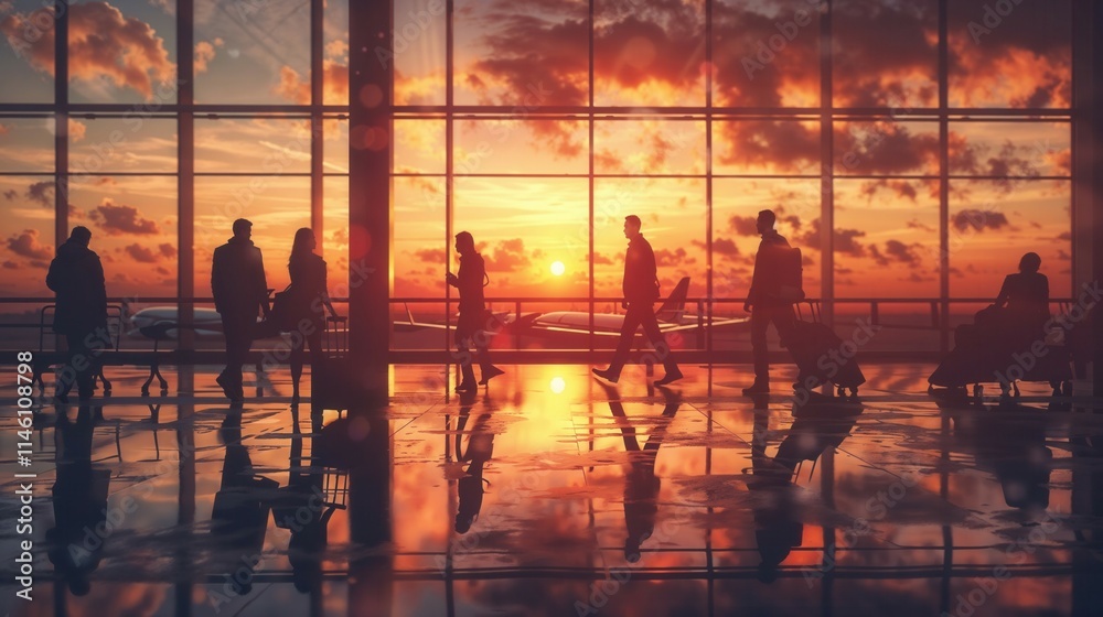 Travelers walk through a modern airport terminal during a stunning sunset, with warm light reflecting off the polished floor and airplanes visible through large glass windows