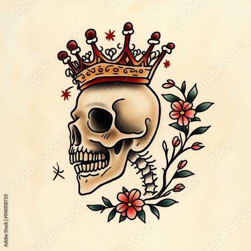 Skull and Crown Back tattoo flash illustration photo