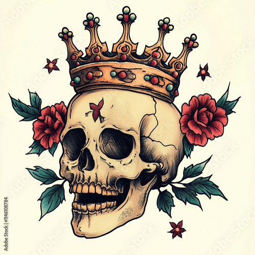 Skull and Crown Back tattoo flash illustration photo