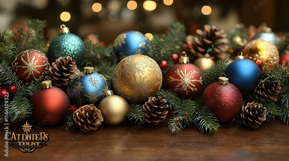 Christmas Ornament Display: Festive Baubles & Pine Cones Decor Christmas Ornament Display: Festive Baubles & Pine Cones Decor