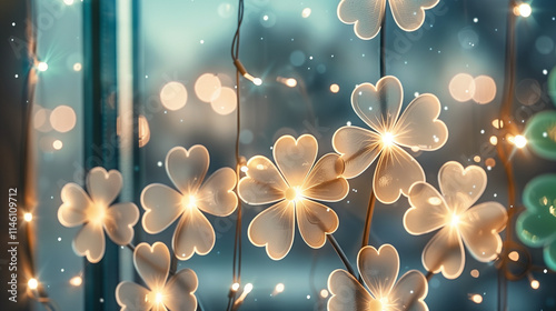 String lights with glowing shamrocks on window for St. Patrick’s Day photo